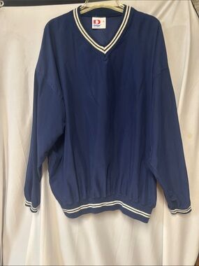 Vintage Dodger Navy V-Neck Pullover Windbreaker with White Stripe Trim